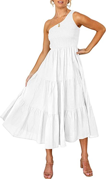 LOGENE Women's One Shoulder Sleeveless Casual Summer Dresses Smocked High Waist Boho Pleated Swin... | Amazon (US)