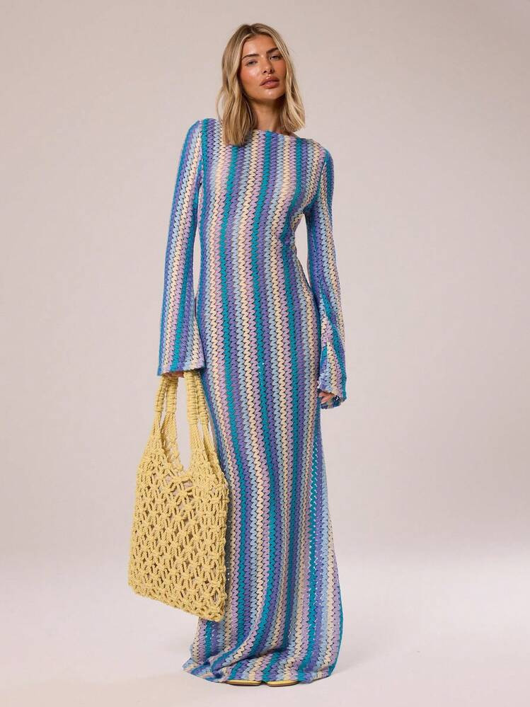 MUSERA Textured Stripe Knit Flared Maxi Dress Spring Summer Vacation Boho Ibiza Elegant Beach Cute The Beach House Festival Fall Summer Outfit Holiday Long Dress | SHEIN