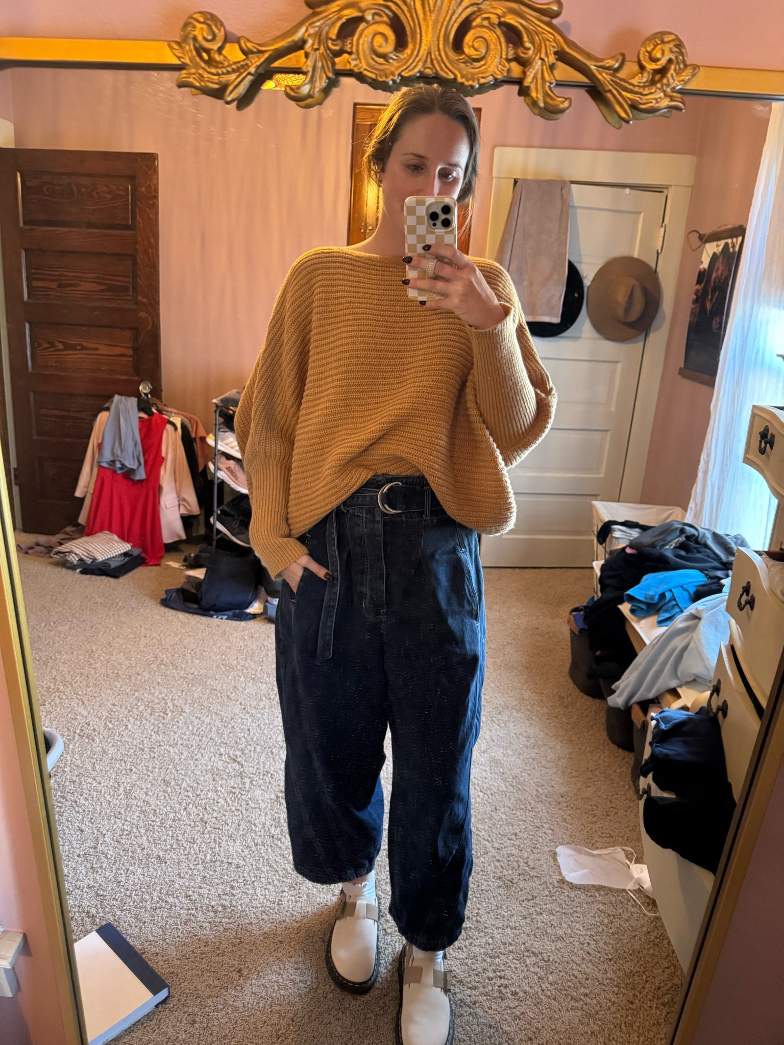 It finally feels like fall! 🍂 I am all about cute but comfy for work. These FP barrel jeans are a couple of years old, but I found a super similar pair (just without the belt) and linked below. Also just got the Dr Marten shoes a couple weeks ago and I’m obsessssssed! 

#LTKStyleTip #LTKShoeCrush #LTKMidsize