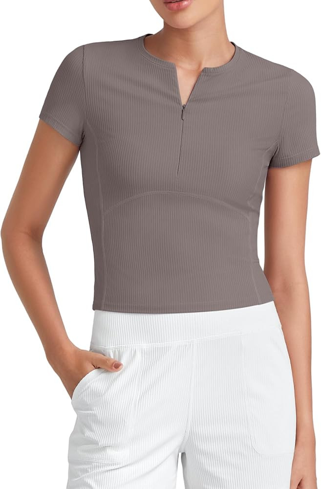 G4Free Half Zip Workout Shirts Women Slim Fitted Work Out Tops Gym Athletic Ribbed Tight Tshirts ... | Amazon (US)
