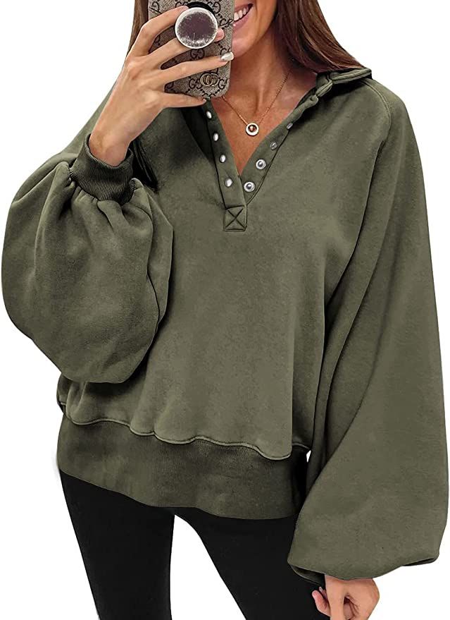 Dokotoo Womens 2022 Fashion Oversized Loose Lantern Sleeve Button Collar Pullover Sweatshirts Top... | Amazon (US)