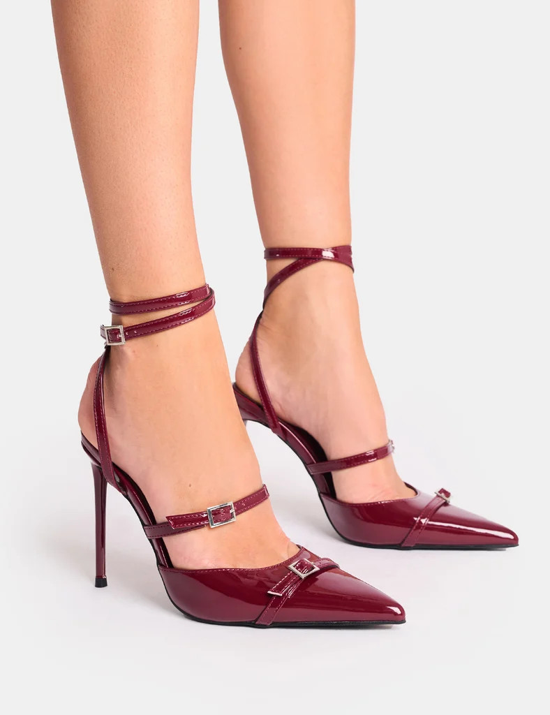 Viper Burgundy Three Strap Buckle Detail Court Heels | Public Desire
