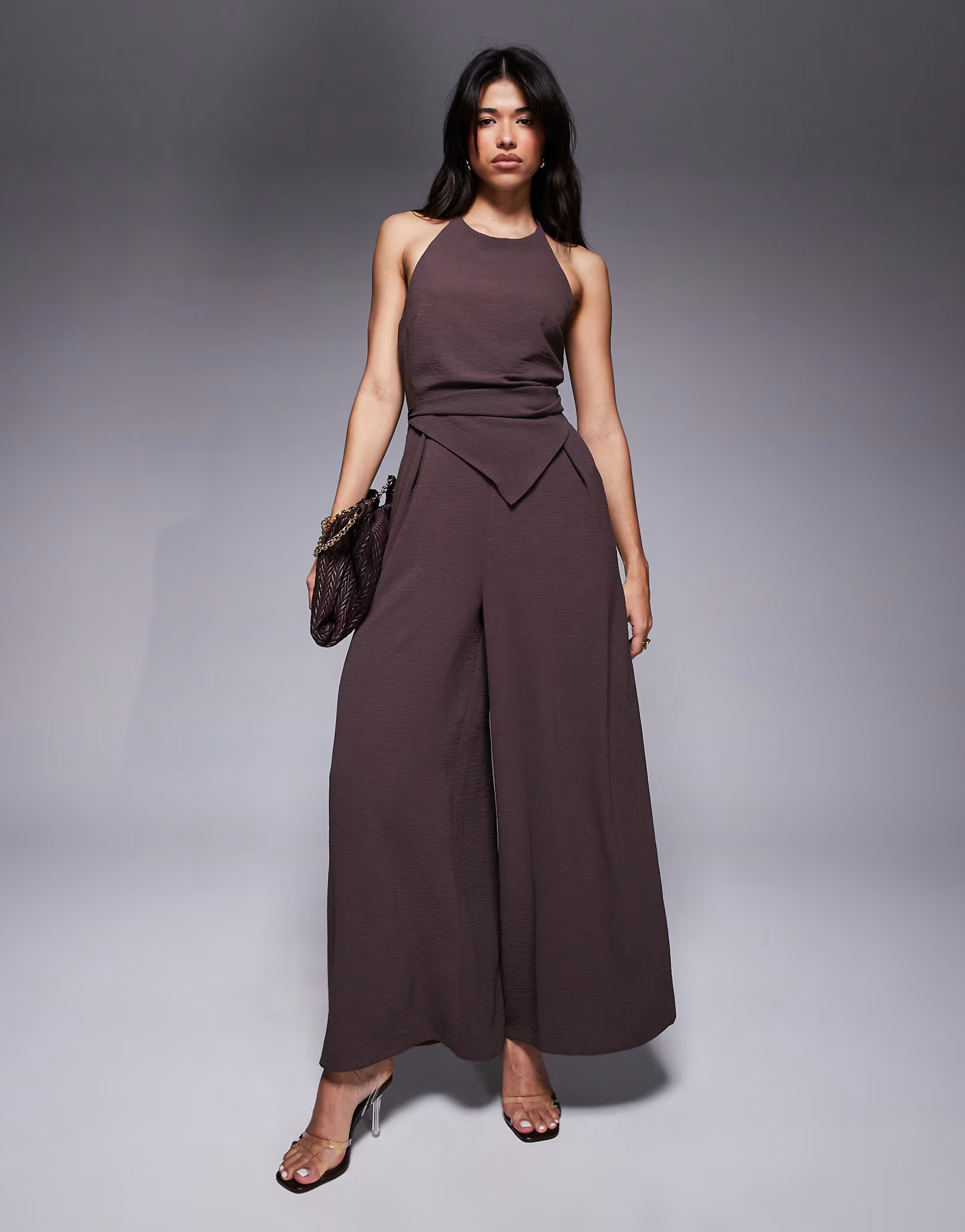 ASOS DESIGN halter asymmetric overlay detail jumpsuit in chocolate brown | ASOS (Global)