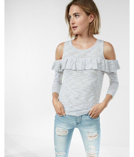 Express Womens Marled Ruffle Yoke Cold Shoulder Sweater Gray XX Small | Express