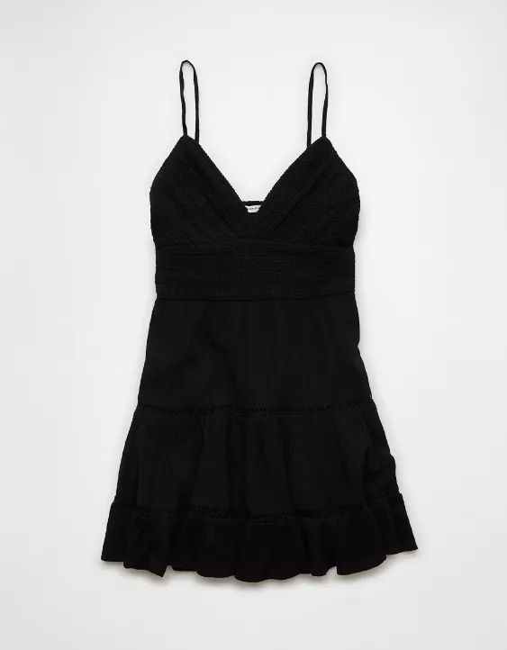 AE Crochet V-Neck Tiered Mini Dress | American Eagle Outfitters (US & CA)