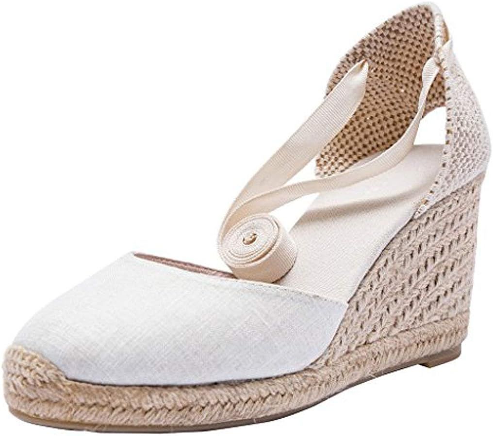 U-lite Womens Espadrille Wedge Sandals Closed Toe Platform Lace Up Ankle Strap Slingback Summer D... | Amazon (US)