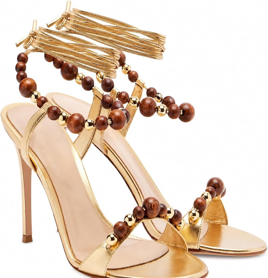 Women\u2019s Wooden Bead Ankle Wrap Strap Heeled Sandals Stiletto Heel | Amazon (US)