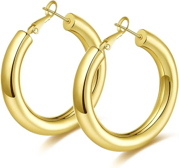 wowshow Thick Hoop Earrings Howllow 14K Gold Plated Gold Hoops for Women | Amazon (US)