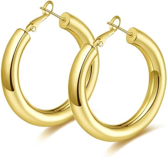 wowshow Thick Hoop Earrings Howllow 14K Gold Plated Gold Hoops for Women | Amazon (US)