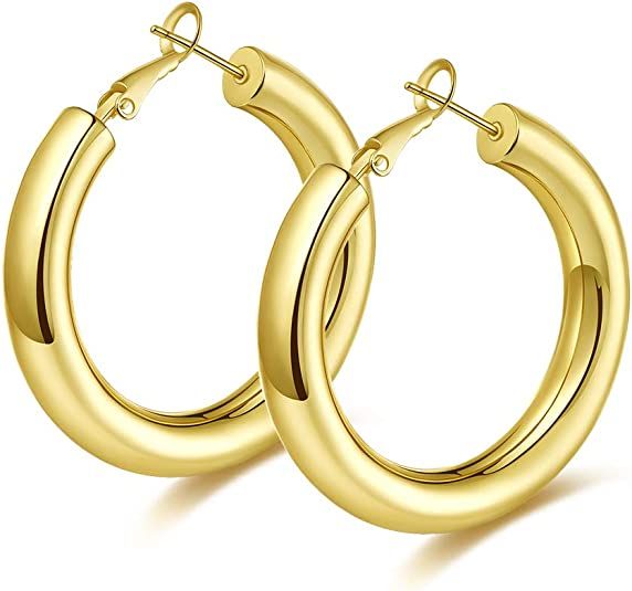 wowshow Thick Hoop Earrings Howllow 14K Gold Plated Gold Hoops for Women | Amazon (US)