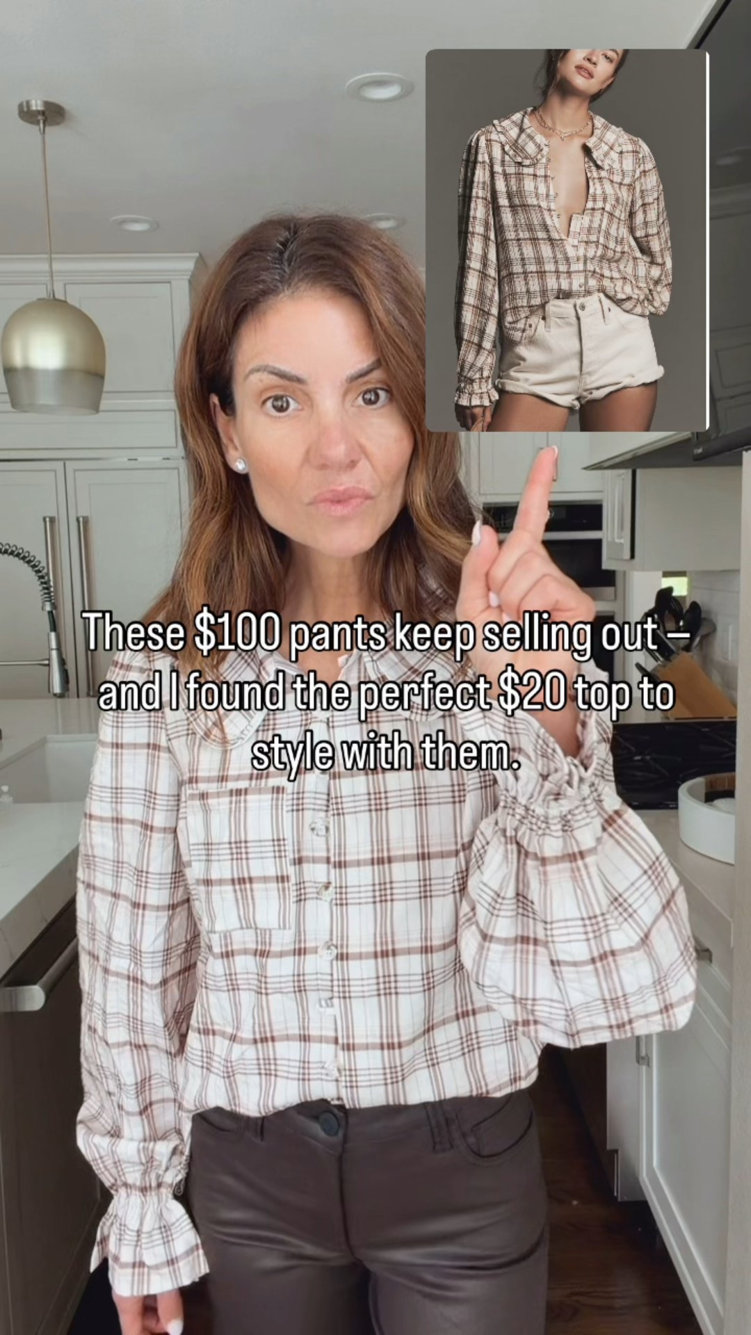 When a $20 top looks *just like* the $118 one… you may want to grab it fast.  
I paired it with these chocolate brown pants that keep selling out. The fit, the drape, the color… everything about them says *elevated, timeless style.*  
This is how I’m dressing in my 50s and beyond, smart, chic, and effortless. The pants run large size down at least one size. I am in a size 0  

#LTKWorkwear #LTKFindsUnder50 #LTKFindsUnder100