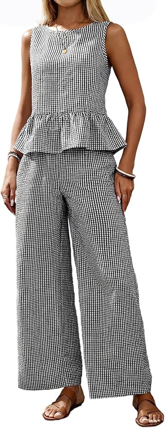 Women's Gingham 2 Piece Set Summer Sleeveless Tank Top Wide Leg Pants Set Beach Vacation Plaid Tw... | Amazon (US)