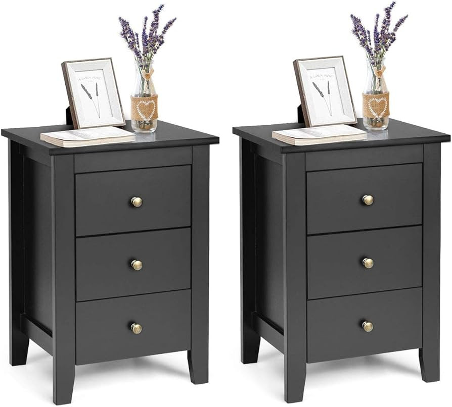 Giantex Nightstand with 3 Drawers Set of 2, Wooden Side Table w/Solid Wood Legs & Storage Cabinet... | Amazon (US)