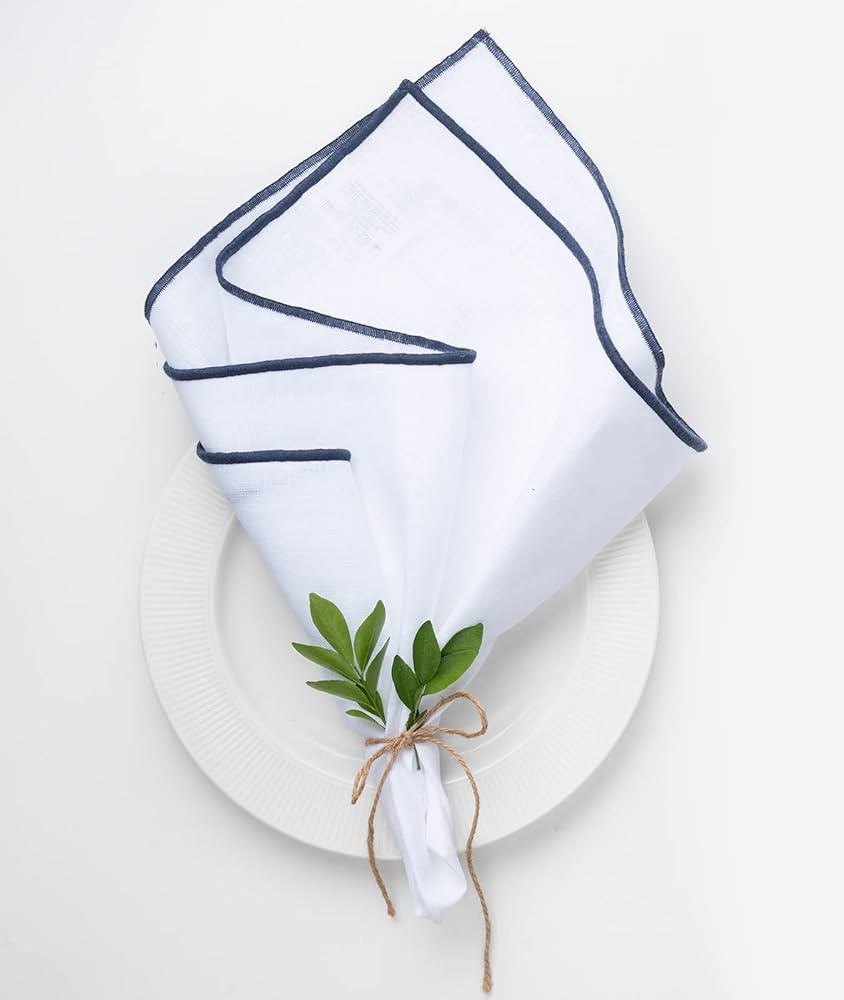 D'Moksha Linen Napkins Set of 4-20 x 20 Inch, White and Navy Blue Linen Napkins - Marrow Edge, 10... | Amazon (US)