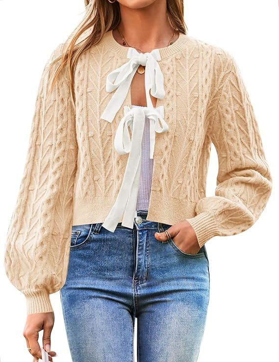 ZESICA Women's Cardigan Sweaters 2024 Fall Winter Long Sleeve Tie Front Cable Knit Chunky Cropped... | Amazon (US)