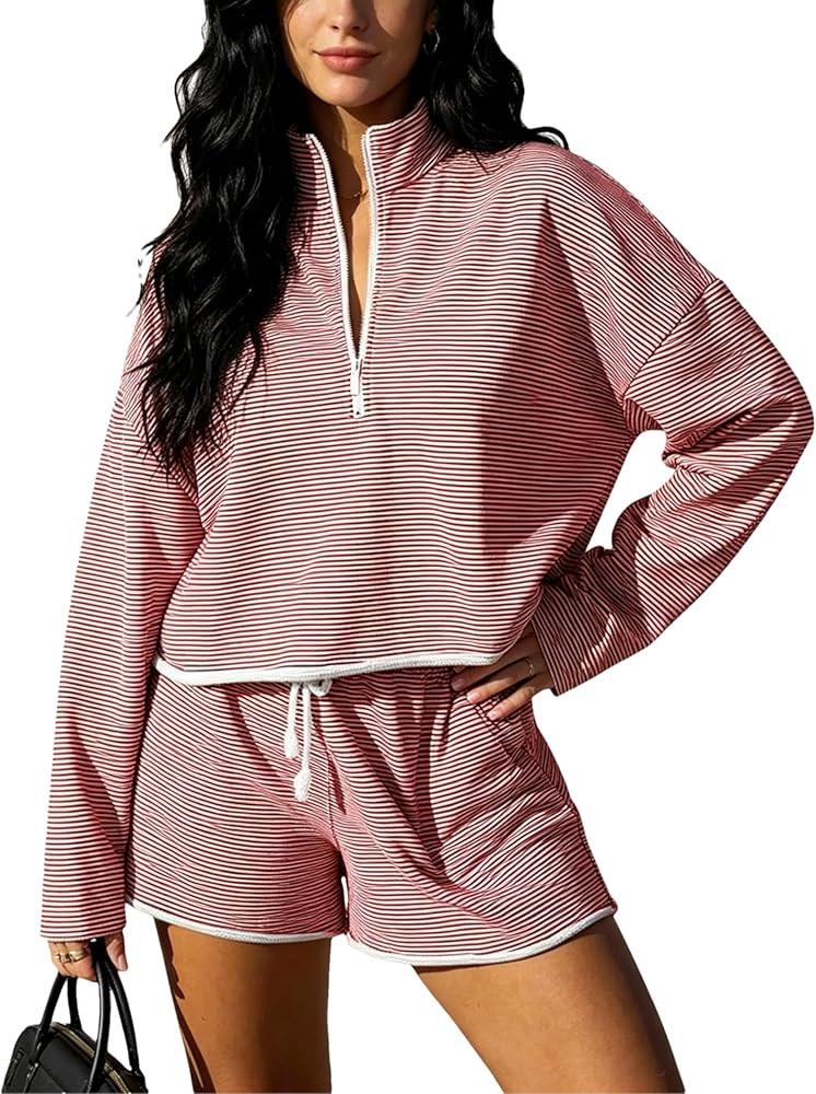 Bozanly Two Piece Outfits for Women Trendy Long Sleeve Tops Shorts Set | Amazon (US)