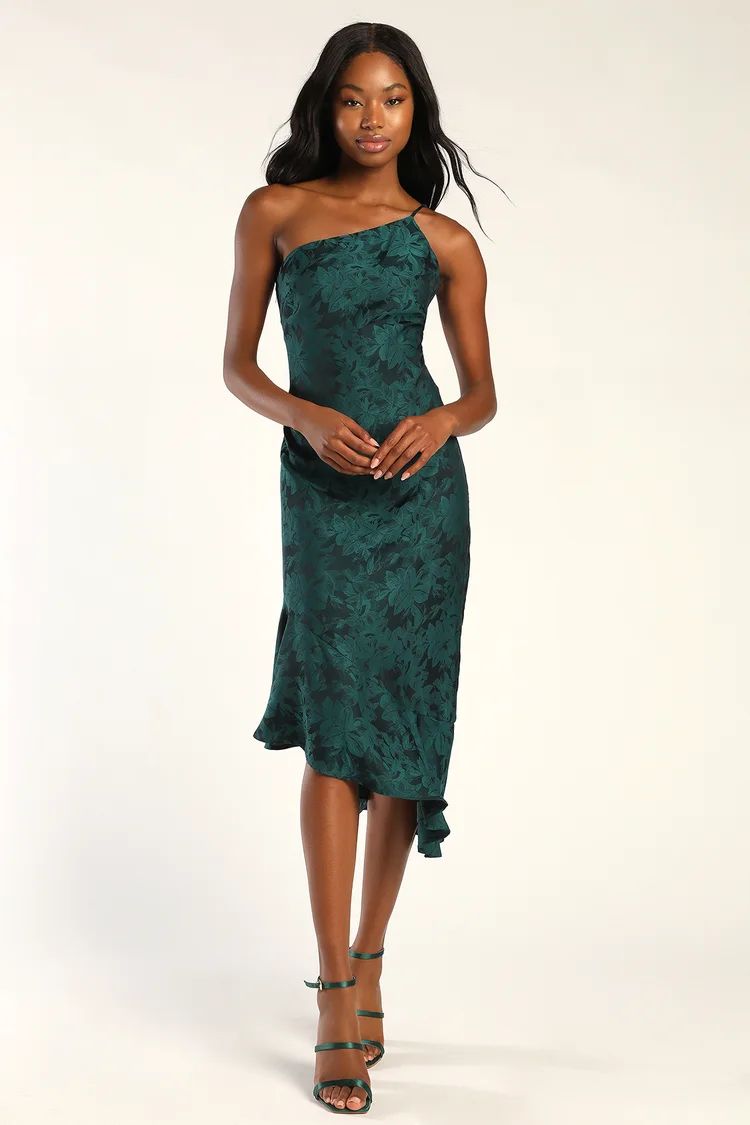 Sweet and Stylish Emerald Jacquard One-Shoulder Midi Dress | Lulus