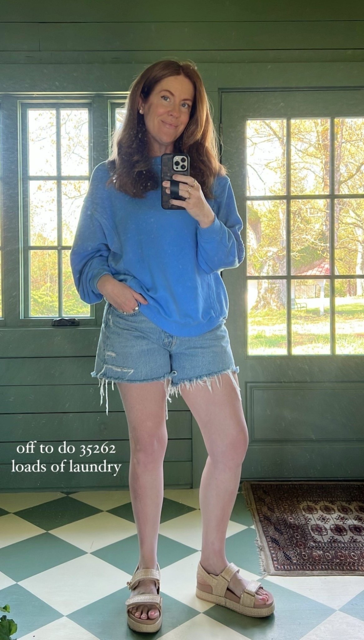 Home from a week away, catching up on laundry in my favorite denim cut offs wearing size 29 and size xxs in this periwinkle sweatshirt which is perfection. could wear these platform sandals all day long. tts!

#LTKSeasonal #LTKFindsUnder50 #LTKOver40

#LTKSeasonal #LTKOver40 #LTKSummerEdit
