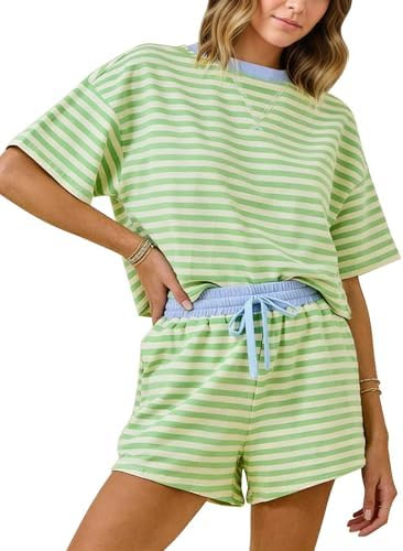 MISSACTIVER Womens Lounge 2 Piece Sets Summer Striped Matching Pajamas Set Short Sleeve Oversized... | Amazon (US)