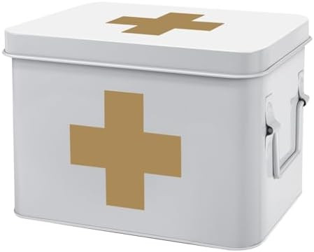 Flexzion First Aid Medicine Box Supplies Kit Organizer - Empty 8" White Metal Tin Medic Storage B... | Amazon (US)