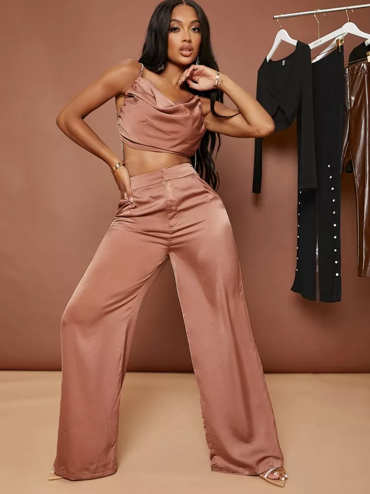 SHEIN Brasil  Wide leg pants outfit, High waisted pants outfit, Pink pants  outfit