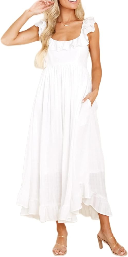 Amazon.com: R.Vivimos Summer Dress for Women Sleeveless Boho Ruffle Square Neck Tie Back Casual B... | Amazon (US)
