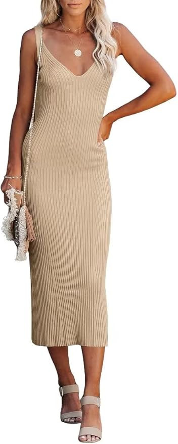 Lacozy Women's 2026 Summer Bodycon Midi Dress Sexy V-Neck Sleeveless Sweater Dress Casual Tank To... | Amazon (US)