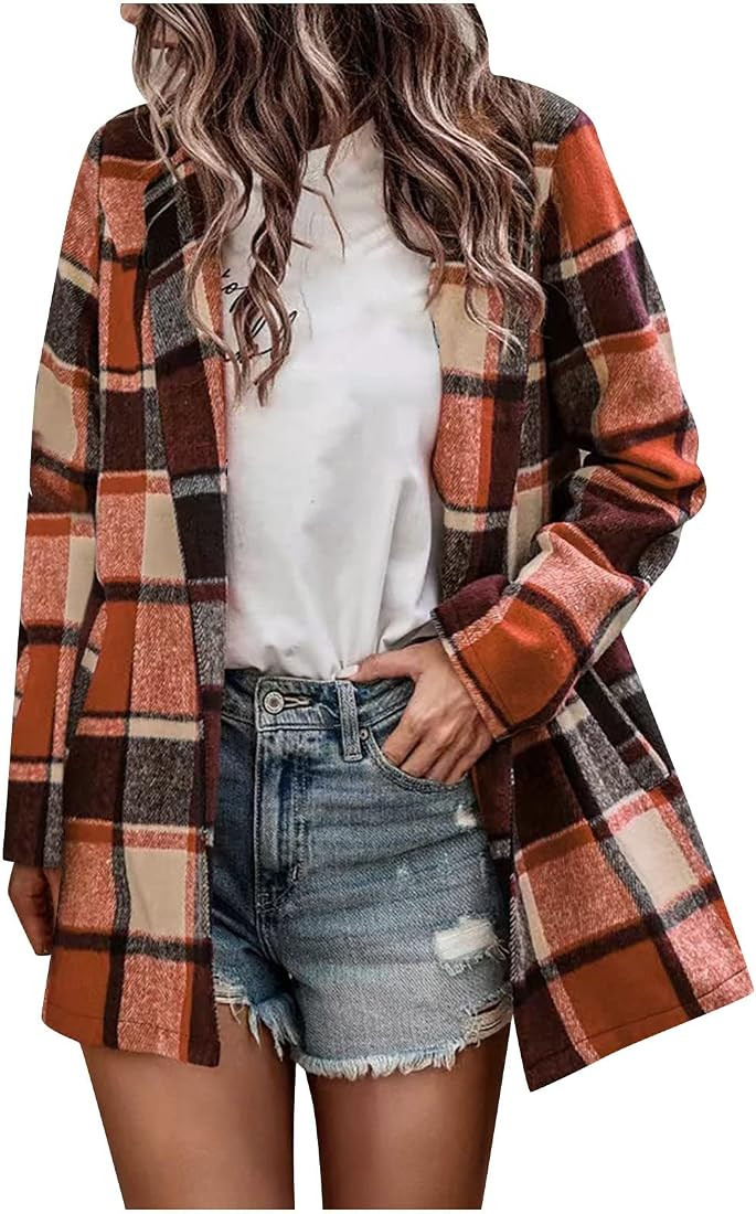 lcziwo Women Plaid Casual Long Sleeve Cardigan Jacket Open Front Lapel Coat with Pocket Tunics Bl... | Amazon (US)