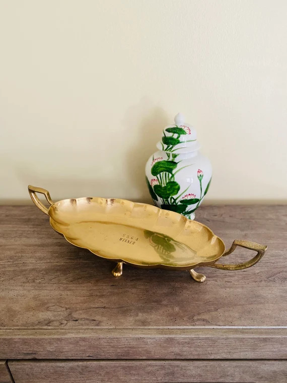 Vintage Brass Large 4 Footed Tray Scalloped Design Grecian Handle | Etsy (US)