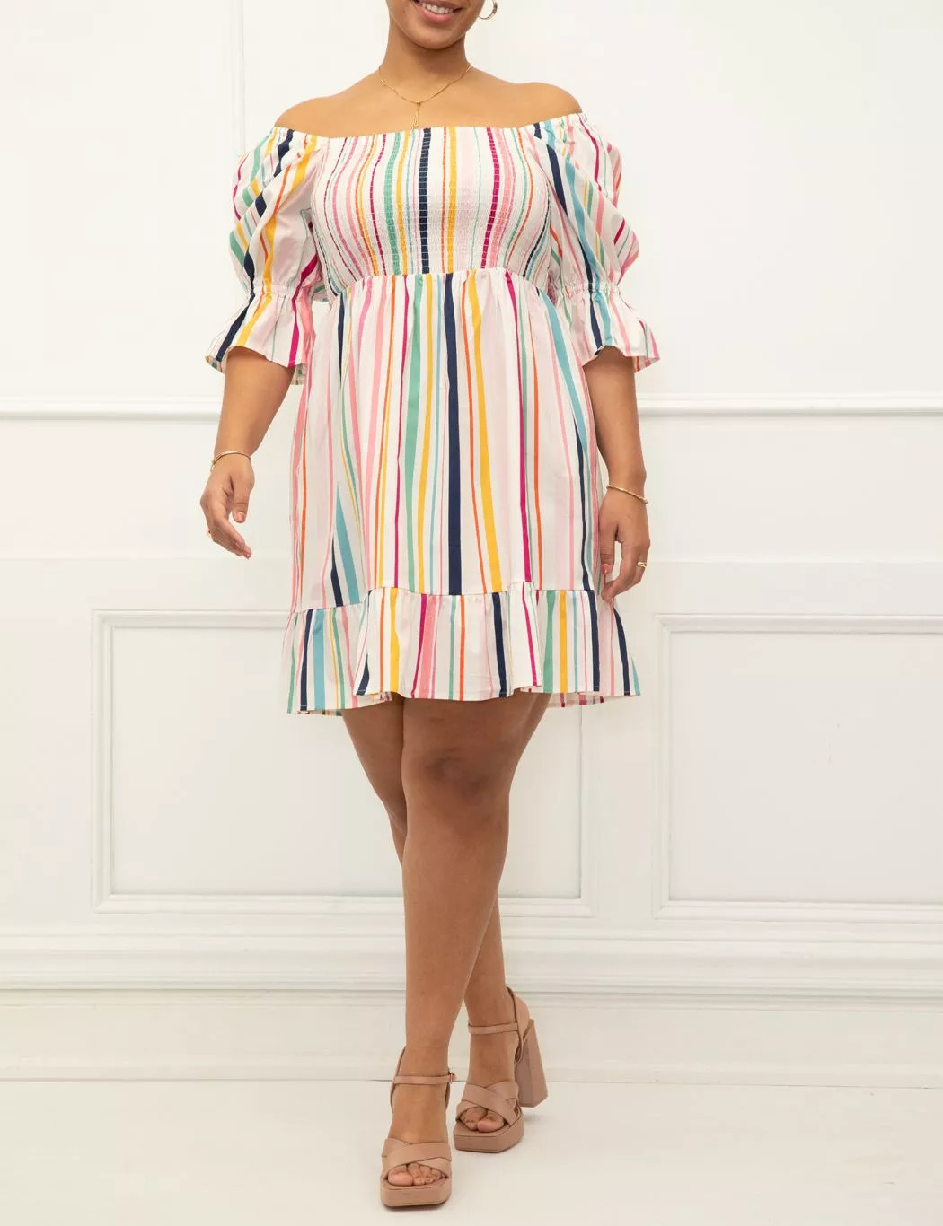 ELOQUII Elements Puff Sleeve Smocked Bodice Dress | Eloquii