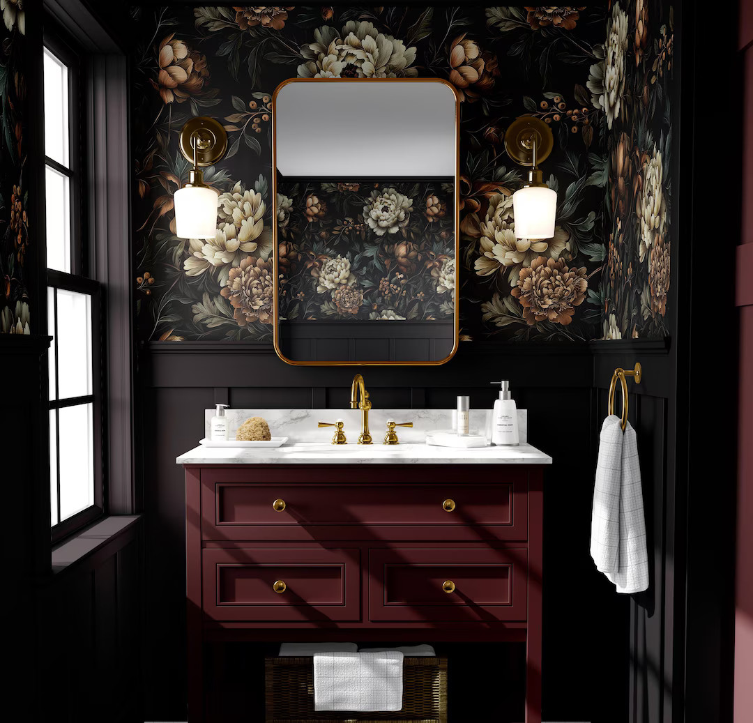 Dark Moody Peony Floral Wall Mural, Victorian Darkness Flowers -peel and Stick- Bathroom for Wall... | Etsy (US)