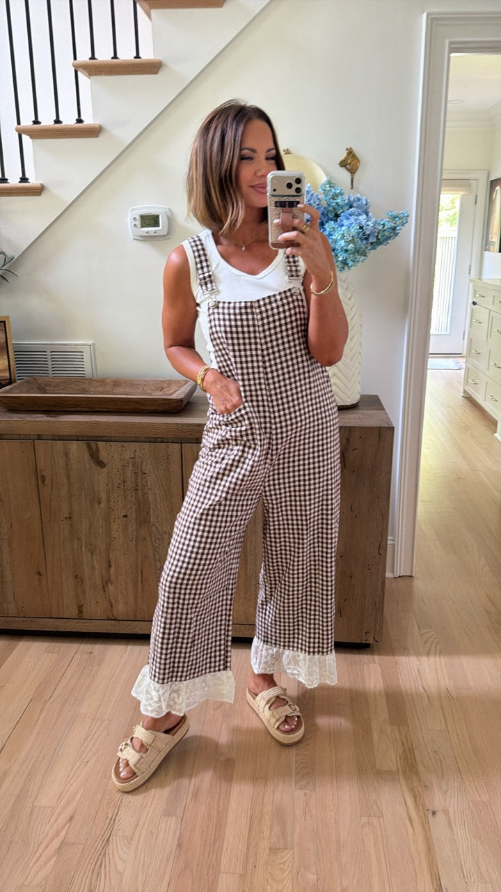 amazon lace detail gingham overalls, my favorite tank, comfy sandals, and fav electric picks jewelry ♥️ code betsy works for electric picks

#LTKootd #LTKSeasonal #LTKSaleAlert
