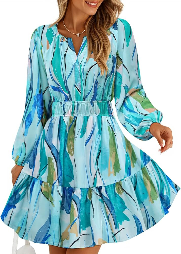ZESICA Womens Spring Long Sleeve Floral Mini Dress 2026 Summer Boho V Neck A-Line Flowy Dresses B... | Amazon (US)