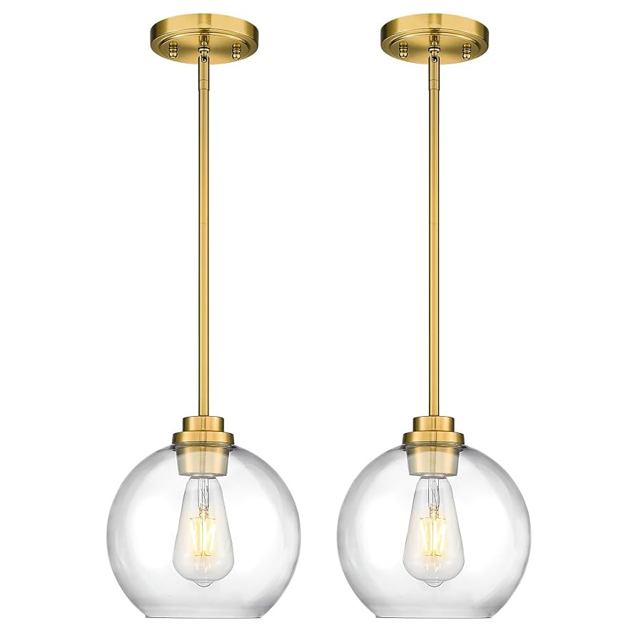 2 Pack Pendant Lights Kitchen Island, 8" Gold Pendant Light Fixtures with Globe Clear Glass Shade... | Amazon (US)