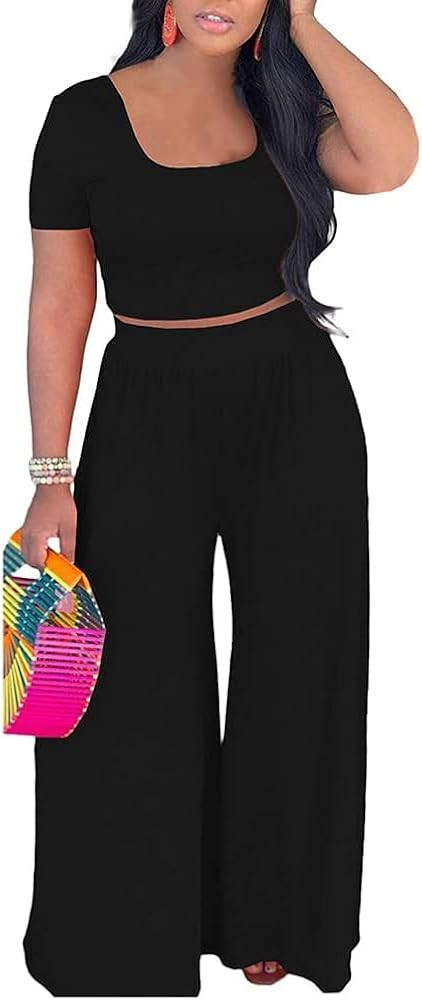 Two Piece Outfits For Women Casual Sweat Suits Backless Short Sleeve Crop Tops Wide Leg Pants Lou... | Amazon (US)