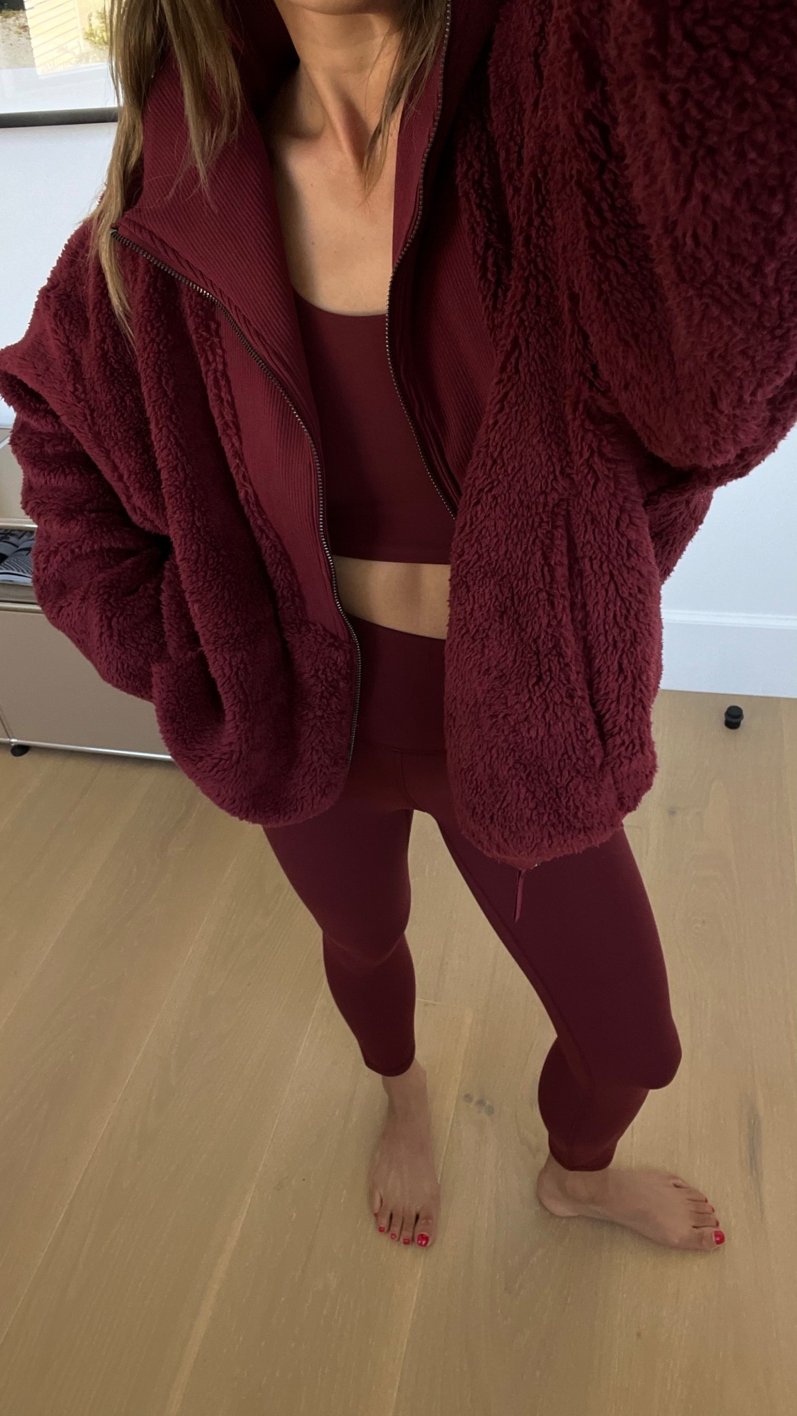 s top, xs bottom, m jacket 

Target activewear and Sherpa jacket 