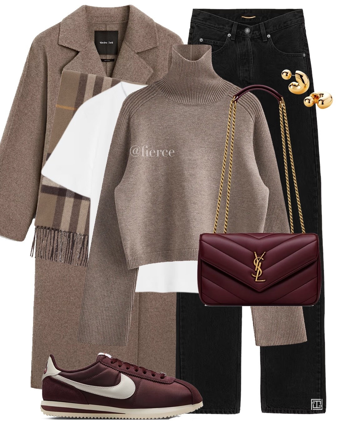 Taupe beige turtleneck jumper black jeans burgundy Nike Cortez beige wool coat casual chic outfit 

#LTKuk #LTKwinter #LTKeurope