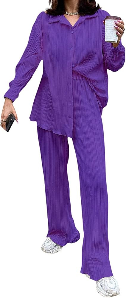 Creaion Women's Trendy Pleated Beach Matching Sets Summer Long Sleeve Button Down TShirt Micro Flare | Amazon (US)