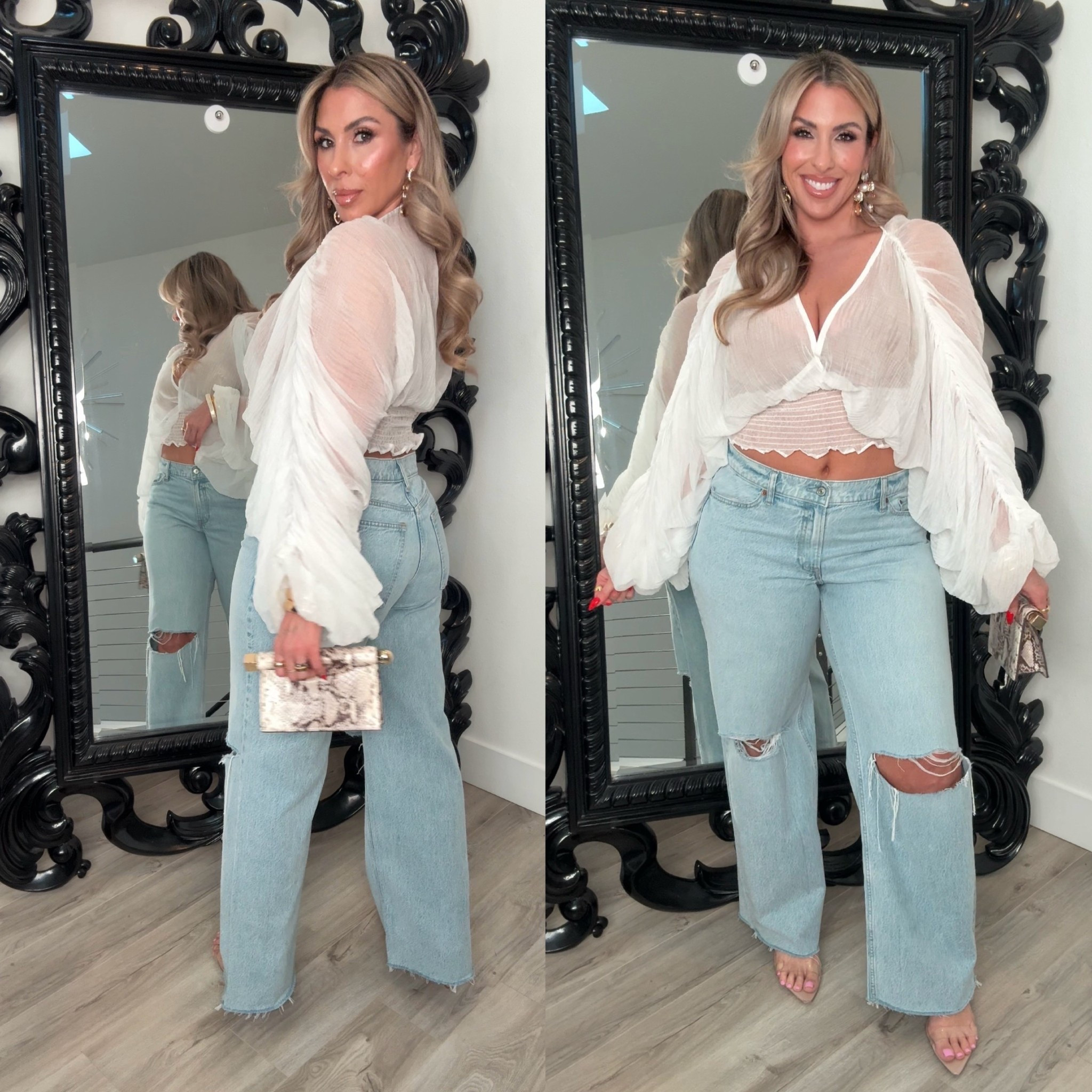 Super cute midsize outfit 

amazon top one size fits all 
linked the bra I’m wearing underneath or you can pair a white to top under - also think 

jeans 31L (12) curve love fit. curve love gives an extra 2 inches in the hip and thighs. I also linked the classic cut. Jeans have no stretch but a relaxed ft (I love the fit) 

#LTKMidsize #LTKootd #LTKOver40