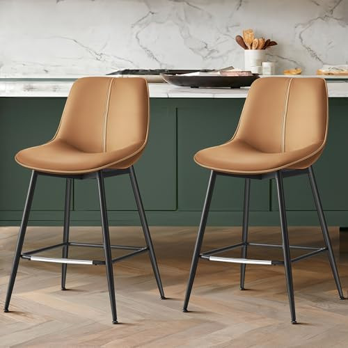 VASAGLE Bar Stools Set of 2, Counter Height Bar Stools with Back, Ergonomic Backrest, Synthetic Leather, Metal Legs, 24.8-Inch Tall Barstools for Kitchen Island Home Bar, Easy Assembly, Caramel Brown | Amazon (US)