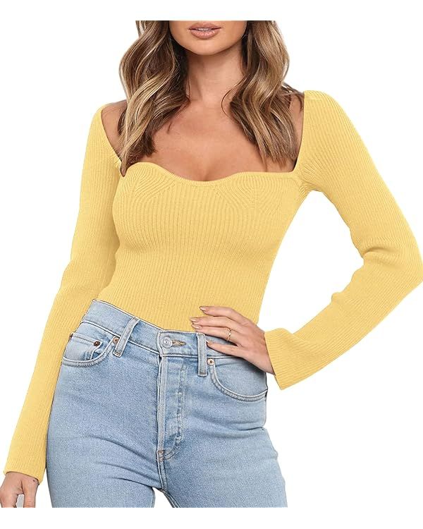 LILLUSORY Women's Sweetheart Neckline Sweater 2024 Spring Ribbed Knit Slim Fit Pullover Tops | Amazon (US)