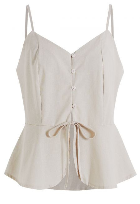 Button-Front Cotton Cami Top and Wide-Leg Pants Set in Linen for Workday & Afternoon Tea | Chicwish
