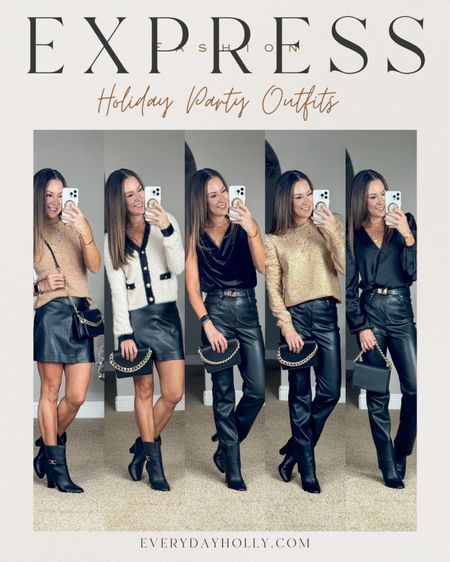 Save 50% at Express Black Friday Sale! 
Holiday party outfit ideas, chic, classic, black, gold holiday fashion. Faux leather pants 0 short, faux leather skirt skort 2, sweater, sweater vest, blouse, gold shimmer velvet. 
Petite over 40 fashion style | holiday fashion trends
#ltkparties  #expresspartner #expressyou

#LTKCyberWeek #LTKHoliday #LTKsalealert