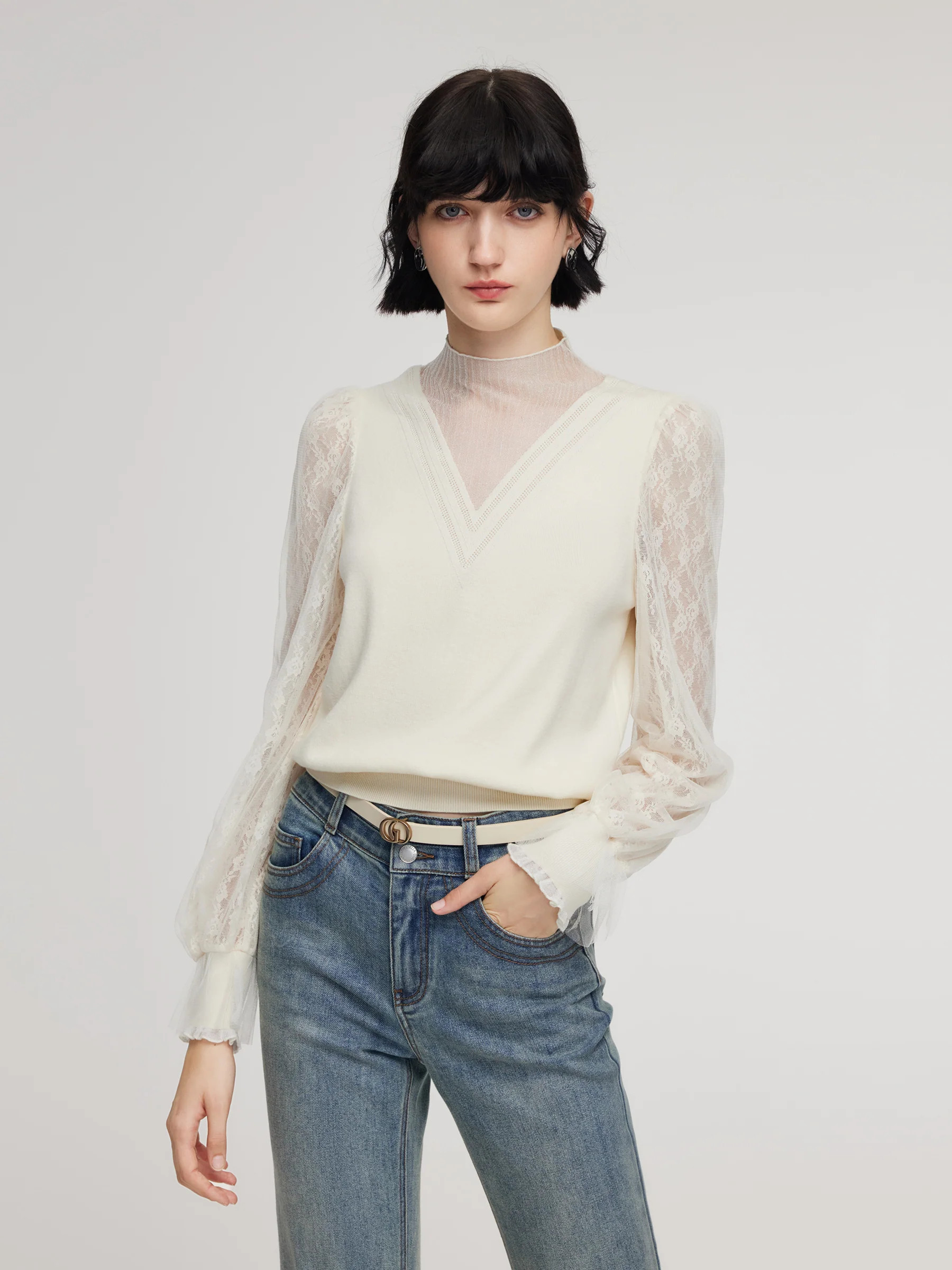 Tencel Wool Blend Lace Patchwork Women Knit Top | GOELIA