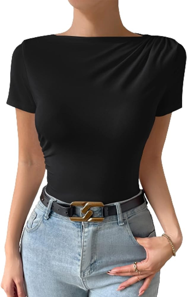 Verdusa Women's Ruched Boat Neck Short Sleeve Slim Fitted Tee T Shirt Top | Amazon (US)