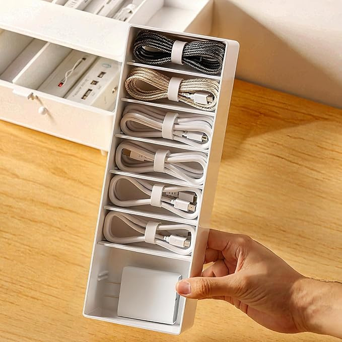White Plastic Cable Organizer Box with Adjustment Compartments, Stackable Desk Accessories Storag... | Amazon (US)