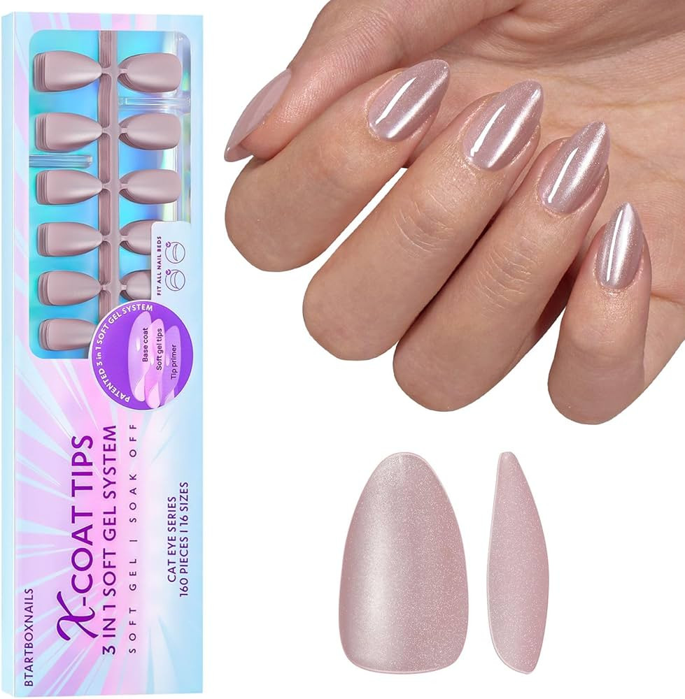 BTArtboxnails Cat Eye XCOATTIPS - Soft Gel Almond Nail Tips, Glitter Press On Nails Short, Soak O... | Amazon (US)