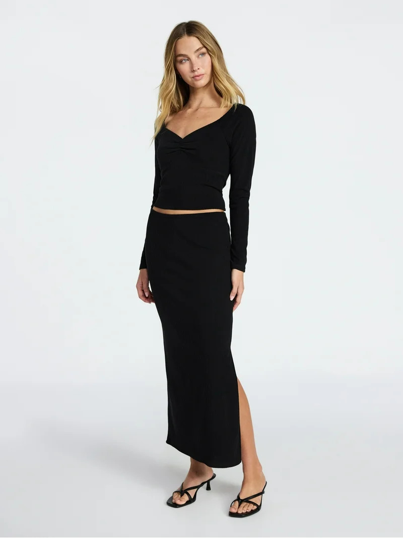 No Boundaries Long Sleeve Ruched Front Top and Maxi Skirt Set, 2-Piece, Women's XXS-XXL | Walmart (US)