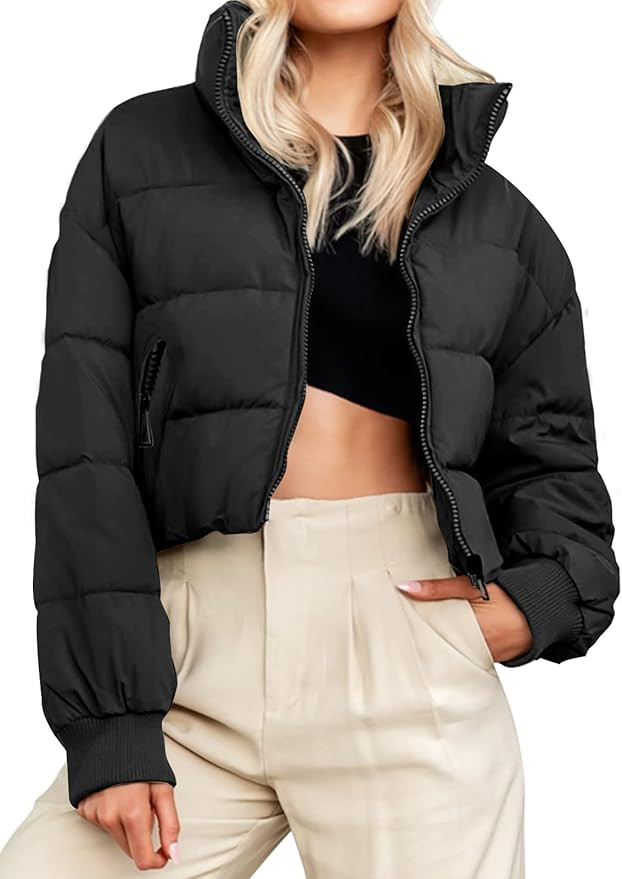 MEROKEETY Women's Winter Cropped Puffer Jacket Long Sleeve Oversized Stand Collar Zip-Up Short Co... | Amazon (US)
