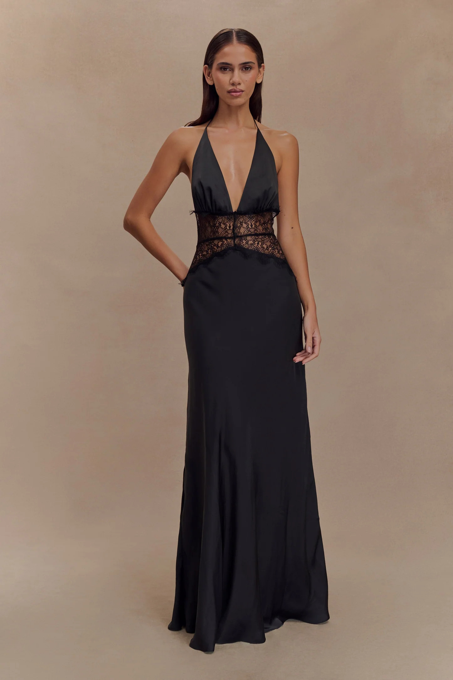 Dinah Lace And Satin Maxi Dress - Black | Meshki UK
